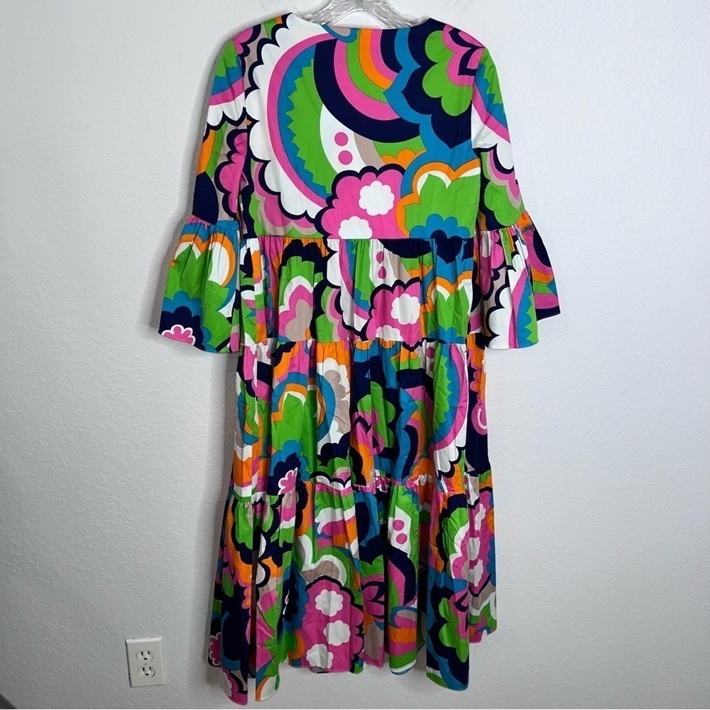 Trina Turk Vibrant Floral Print V-Neck Midi Dress in Pink, Green, Blue - Picture 5 of 9